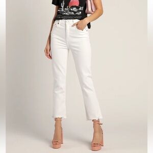 Daze Denim White High-Waisted Cropped Distressed Flare Jeans